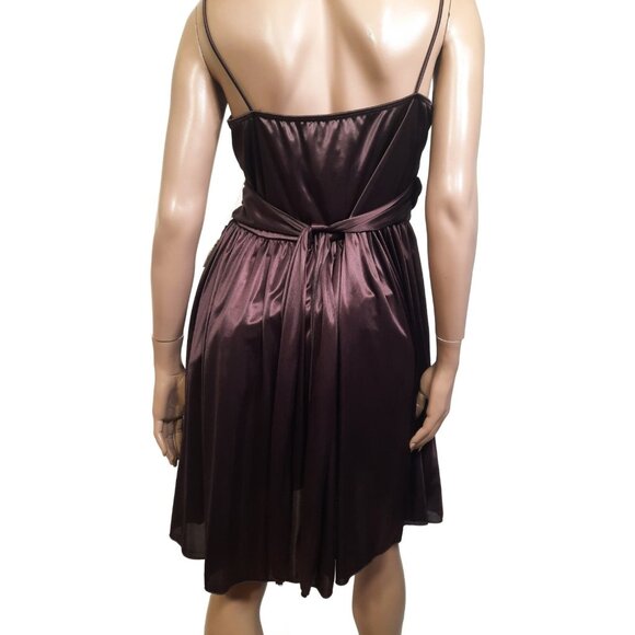 Vintage 90s Deadstock Brown Babydoll Swing Dress Size 16 Party Prom Sash Shiny - Picture 7 of 8